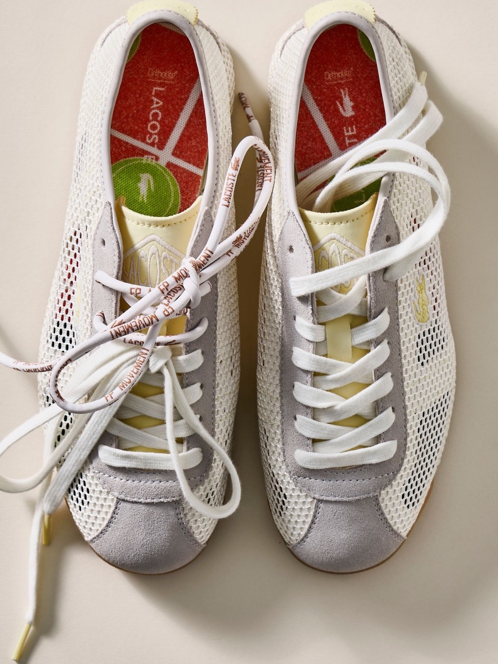 NWT FP Movement Lacoste Women’s Cream & Yellow Mesh Suede Club Low Sneakers - Picture 3 of 16
